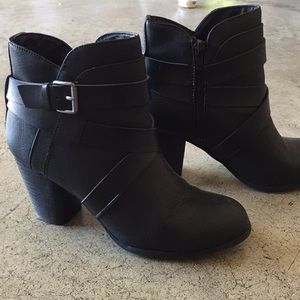Madden. Black heel buckle booties. Size 7.5.